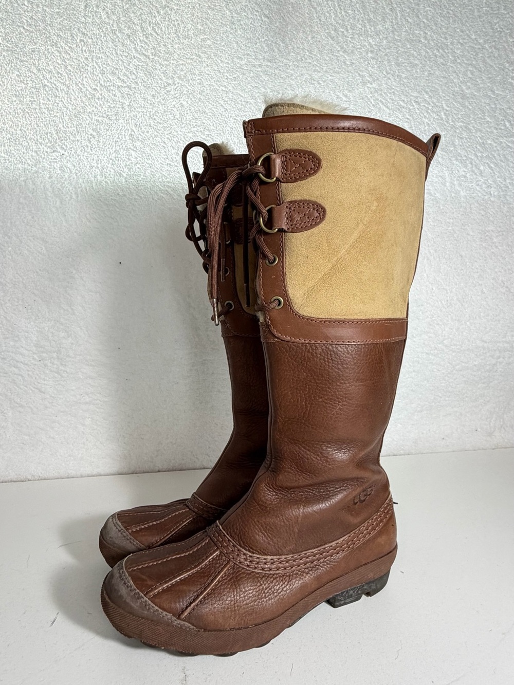 UGG Belcloud Tall Waterproof Leather Shearling Boots Brown Womens 7